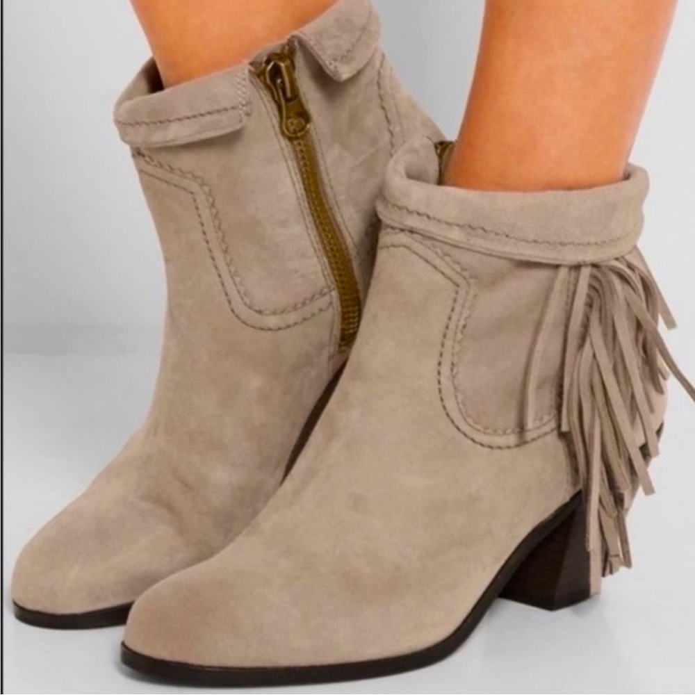 Sam Edelman Louie Fringed Genuine Suede Taupe Booties